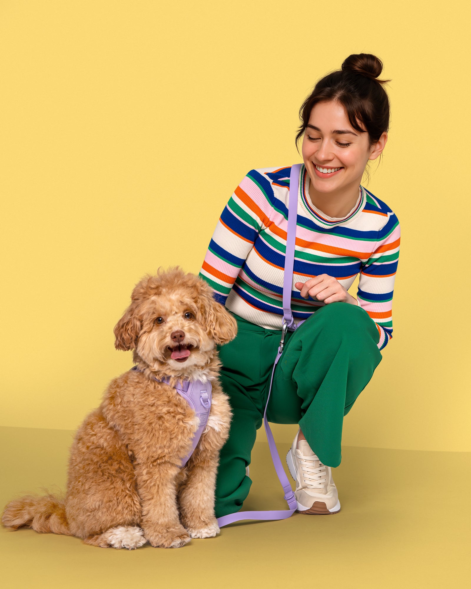 happy dog sitting and wearing harness with smiling female human next to it wearing the hands free wanderwag leash